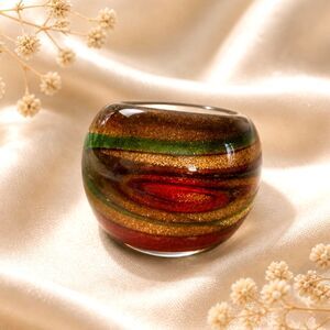 Brown Copper Gold and Green Art Glass Domed Fashion Ring Size 8